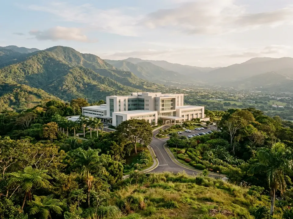 A modern hospital building among tropical trees with Costa Rica's green mountains behind