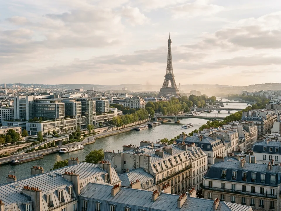 A modern hospital building in Paris with the Eiffel Tower in the distance