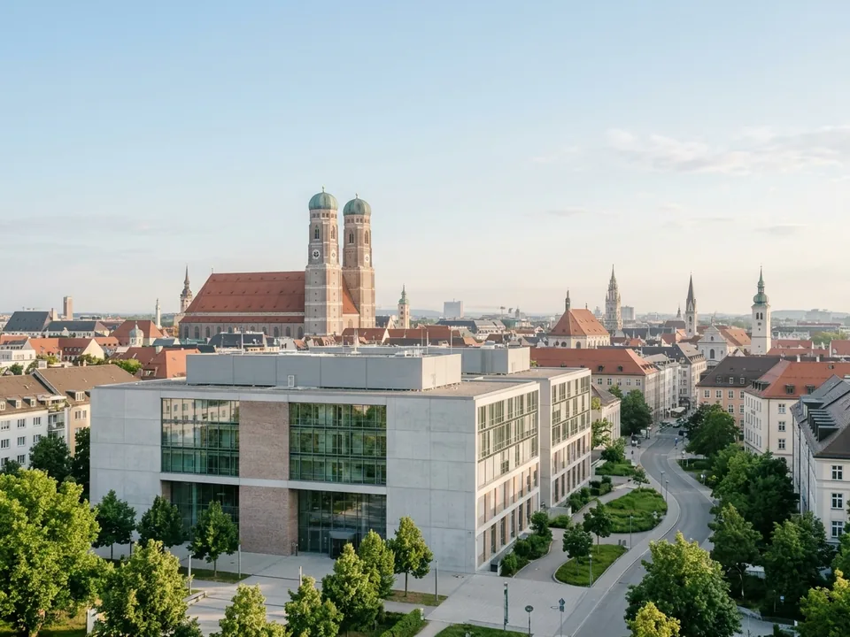 A modern hospital building in Munich with the Frauenkirche towers behind