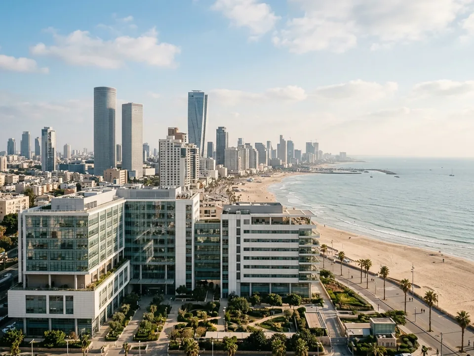 A modern hospital building in Tel Aviv with the Mediterranean coastline