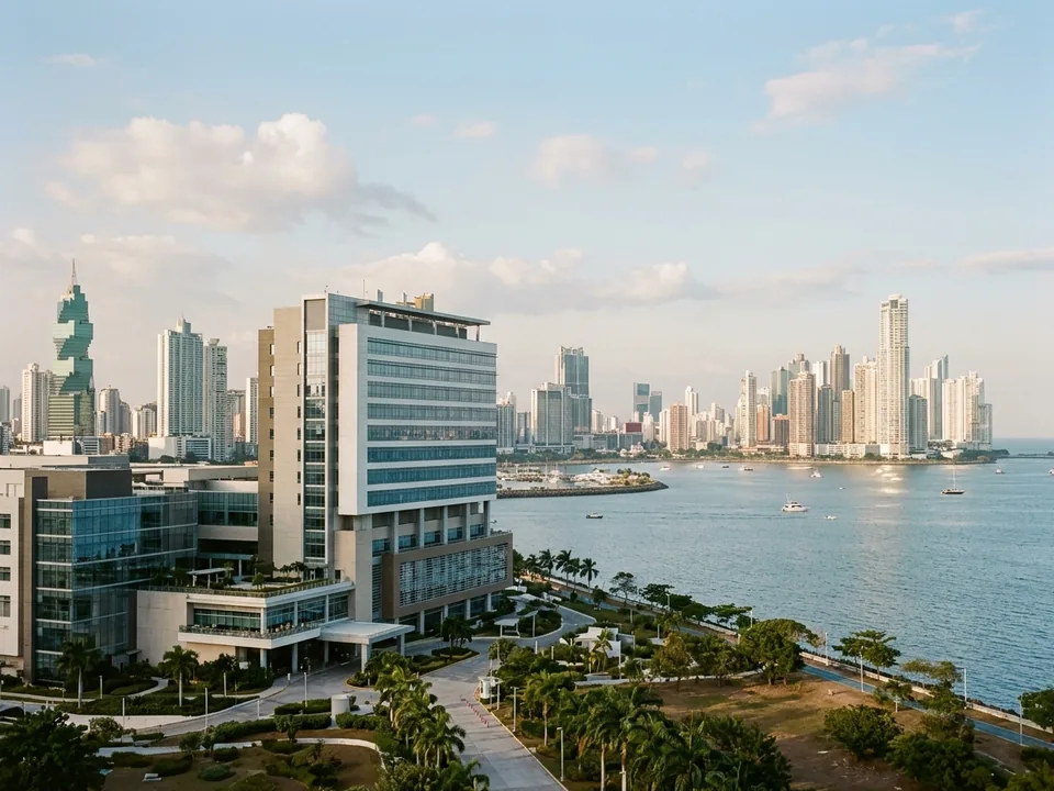 A modern hospital tower with the Panama City skyline across the bay
