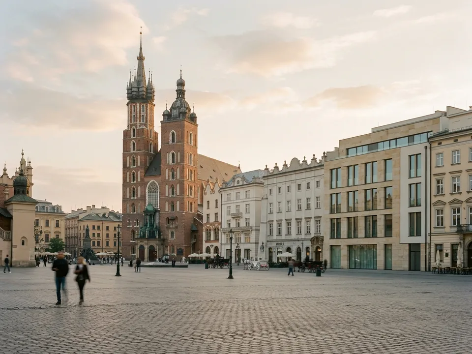 A modern clinic building in Krakow with St. Mary's Basilica behind