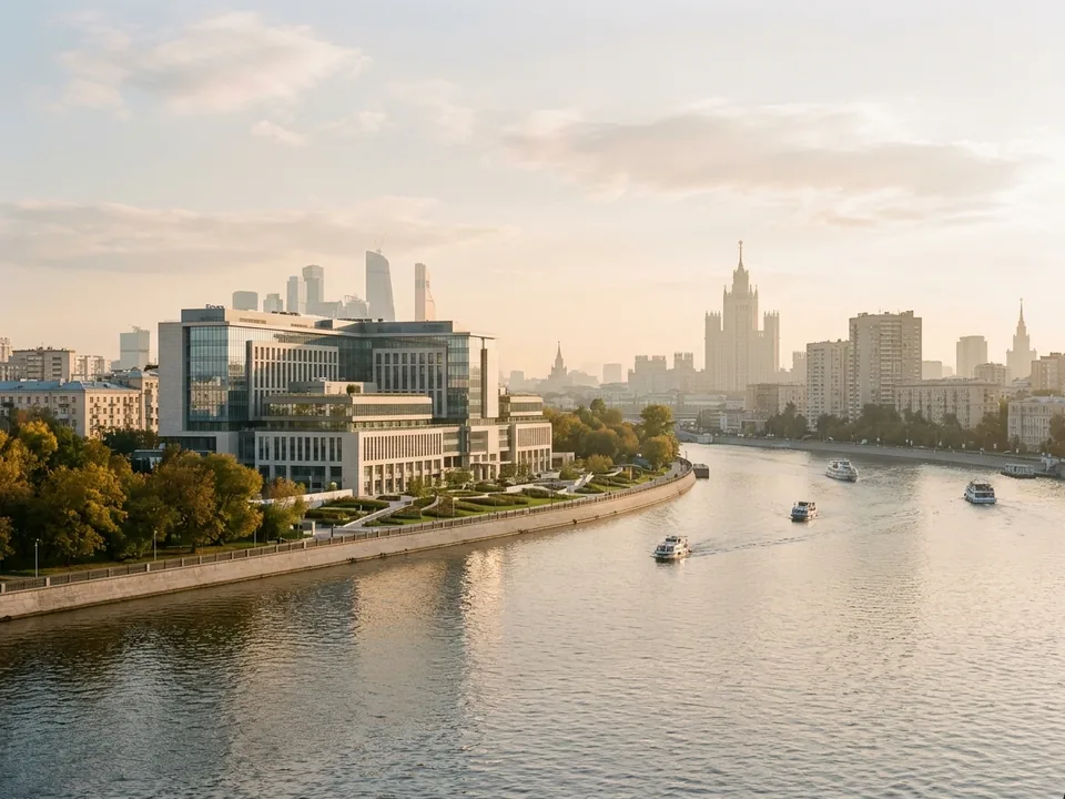 A modern hospital building on the Moskva river with the Moscow skyline