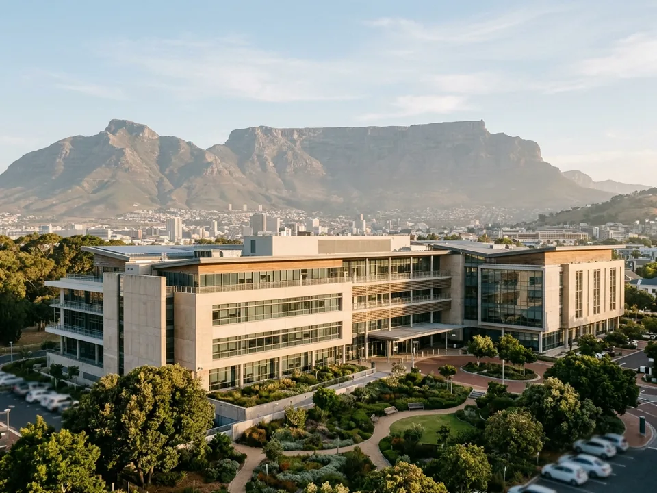 A modern hospital building in Cape Town with Table Mountain behind