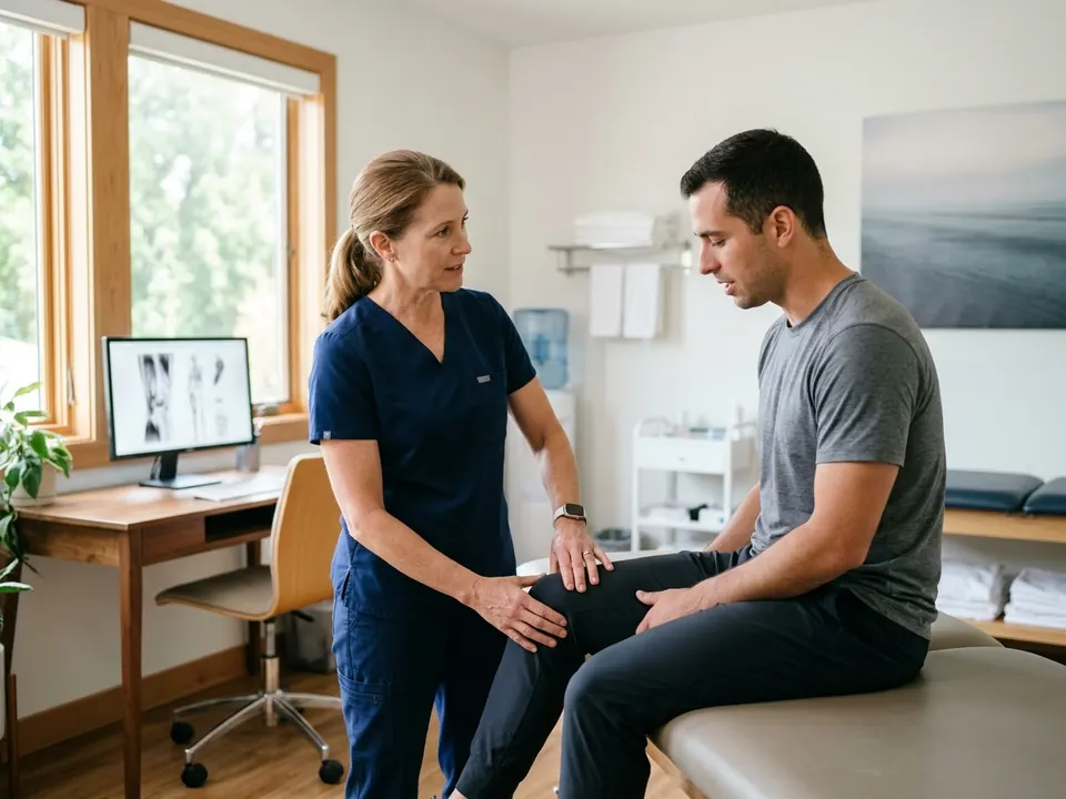 An orthopedic surgeon gently examining a patient's knee during a consultation in a clinic.