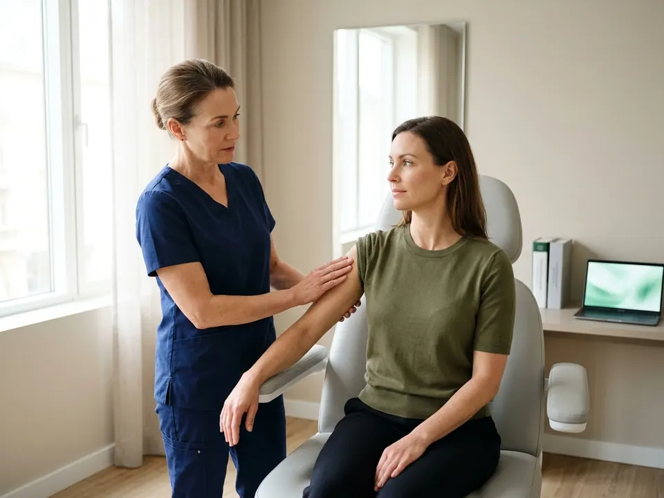 A plastic surgeon evaluating a patient's upper arm area during a pre-procedure consultation.