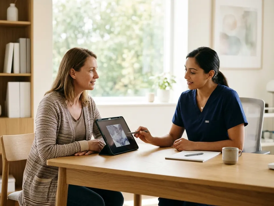 An oncologist discussing treatment plans with a patient during a medical consultation.