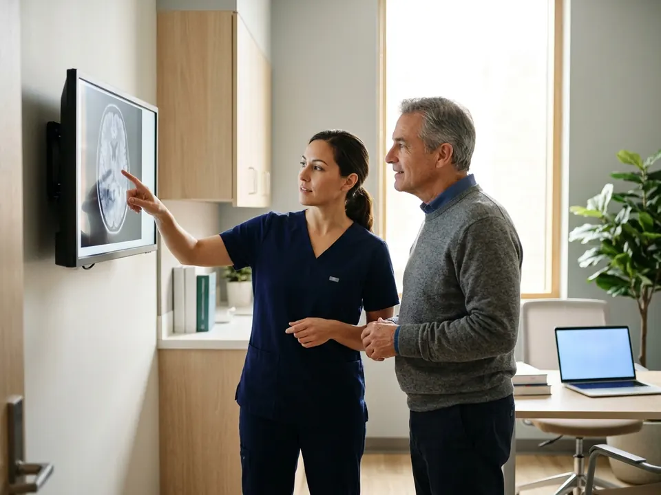 A neurologist reviewing brain magnetic resonance imaging scans with a patient.