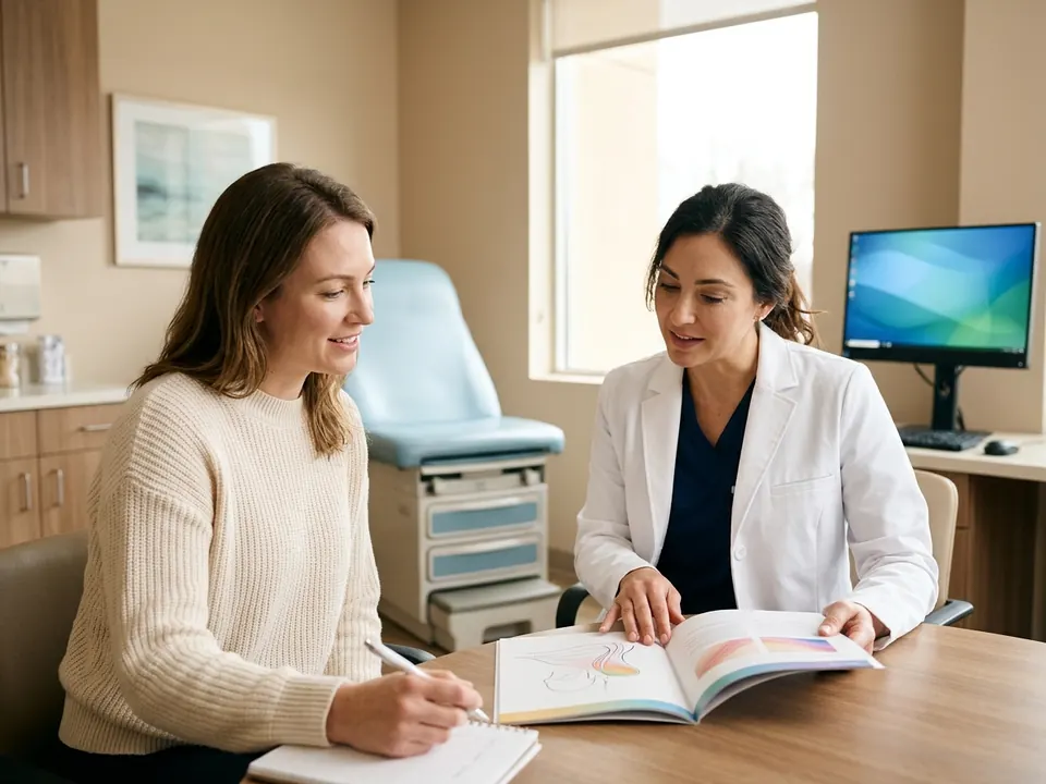 A plastic surgeon reviewing medical information with a patient in an exam room.