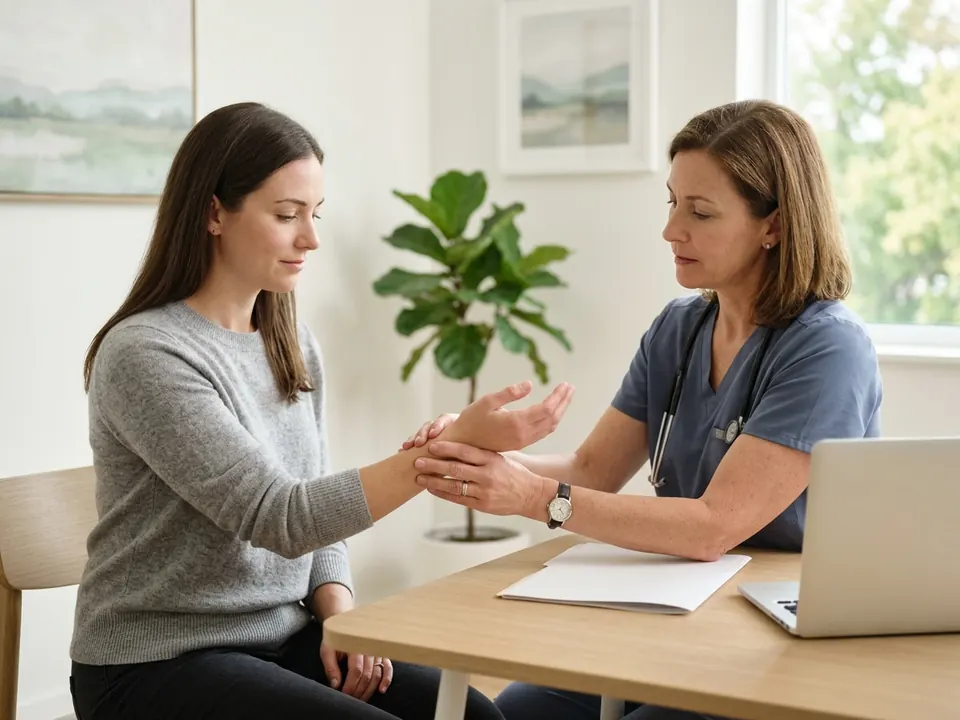 An orthopedic doctor gently evaluating a patient's wrist flexibility during an examination.