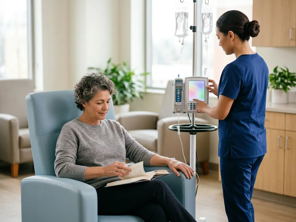 A nurse adjusting an infusion system beside a patient relaxing in an armchair.