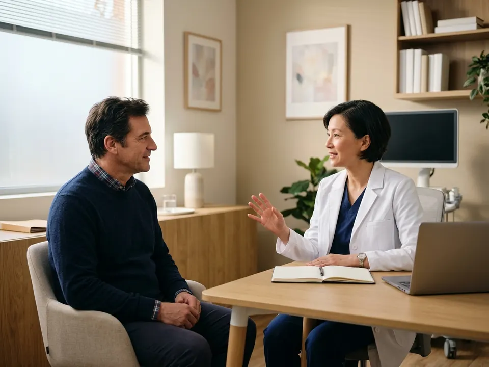 A gastroenterologist speaking with a patient during a consultation in a modern room.