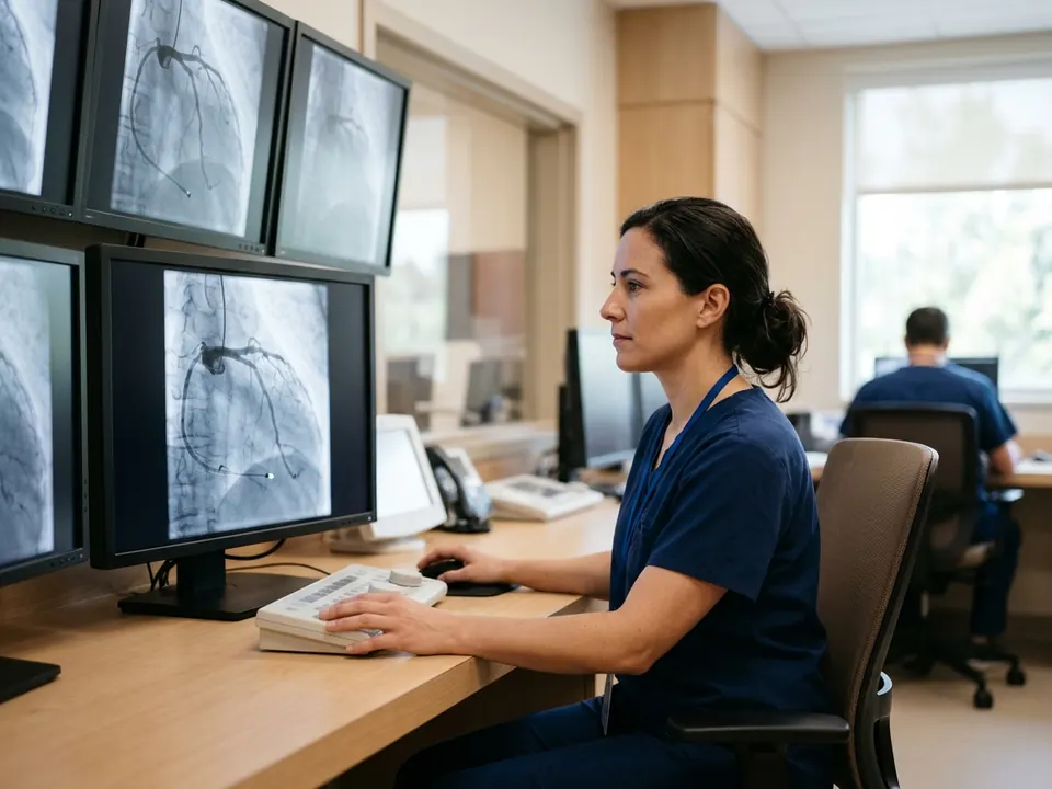 A cardiologist monitoring digital vascular imaging screens in a modern clinic.