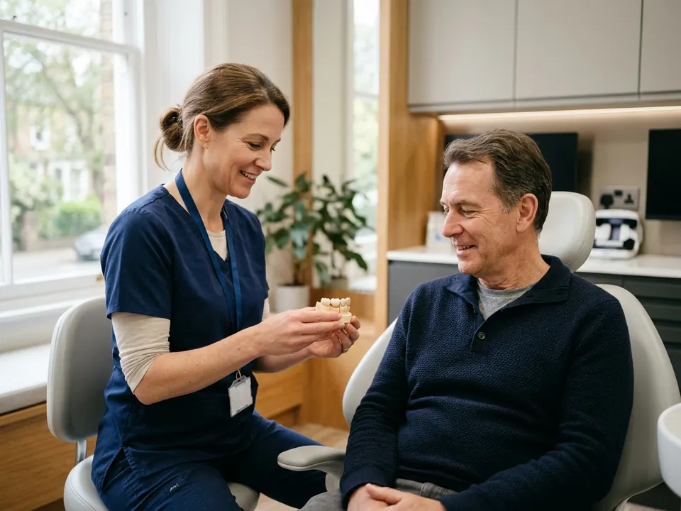 A dentist showing a dental bridge model to a patient in a treatment room.
