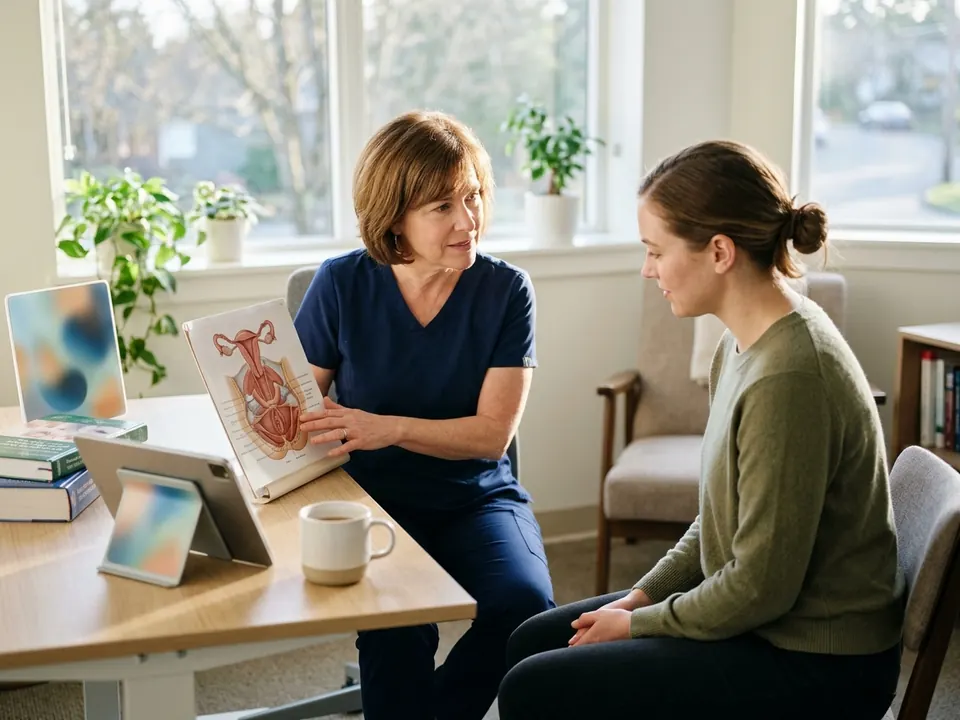 A doctor explaining pelvic health diagrams to a female patient during a fertility consultation.