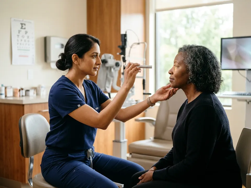 An eye doctor checking a patient's ocular alignment with a penlight in an exam room.