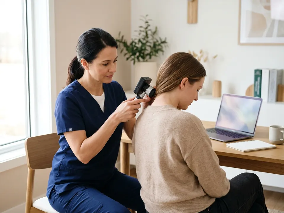 A doctor examining a patient's scalp using a specialized diagnostic tool.