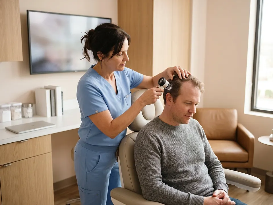 A specialist evaluating a male patient's hairline using a magnified scope.