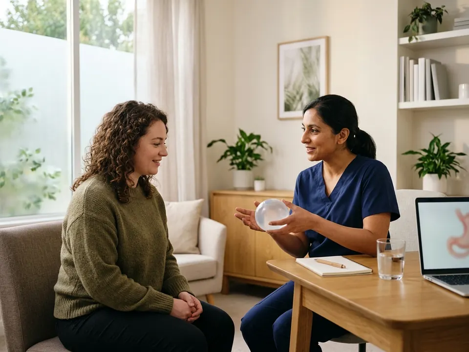 A bariatric specialist explaining a gastric balloon procedure using a model to a patient.