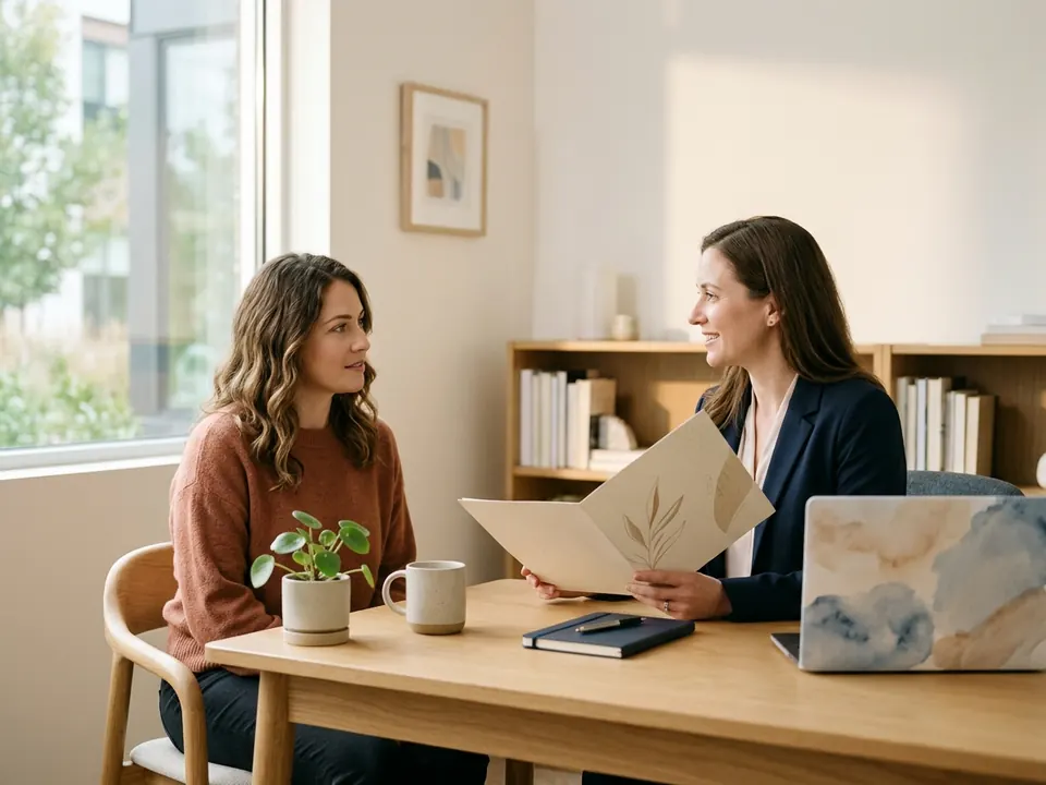A fertility doctor sitting at a desk reviewing paperwork with a patient.