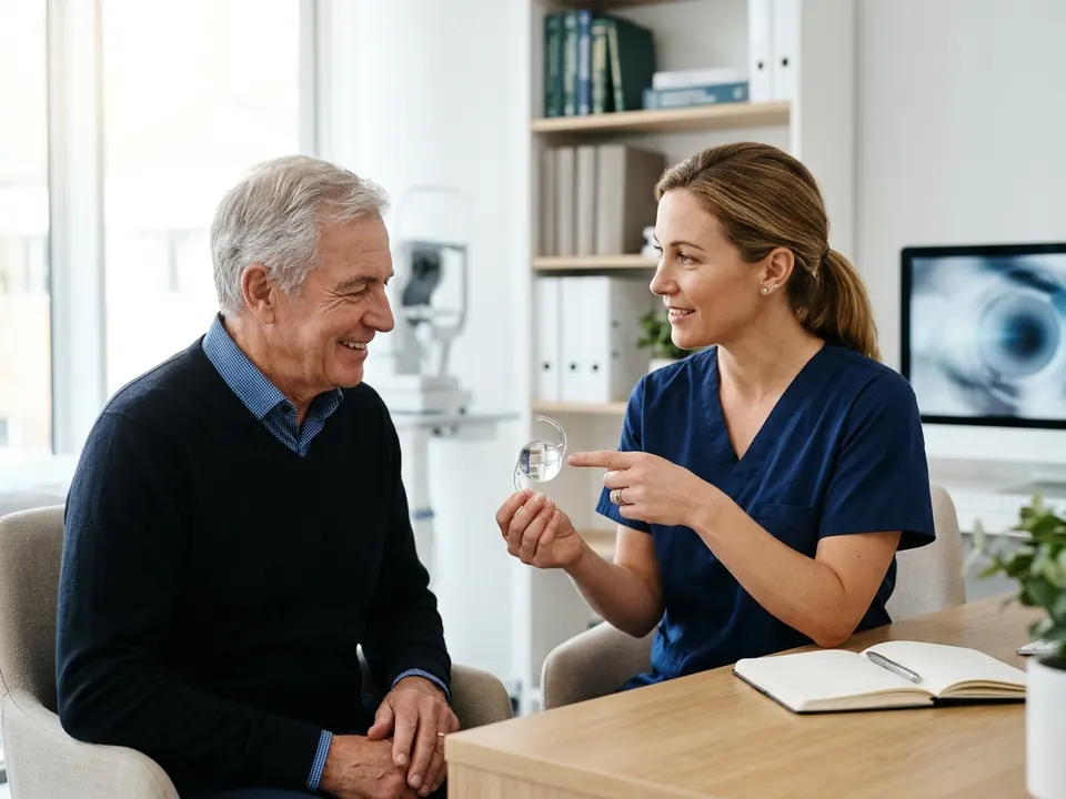 An eye surgeon demonstrating an intraocular lens model to a patient during a clinic consultation.