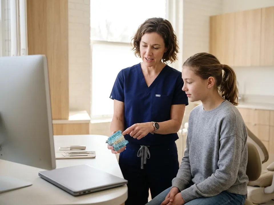 An orthodontist explaining jaw alignment using a anatomical model in a dental office.