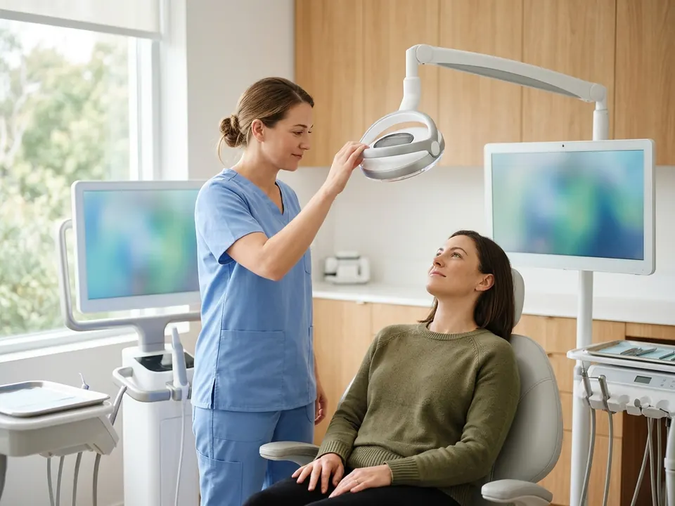 A dentist positioning a dental whitening lamp over a seated patient in a modern clinic.