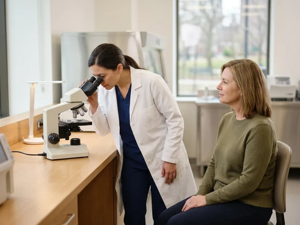 A hematologist working near a microscope in a clinical lab consultation office.