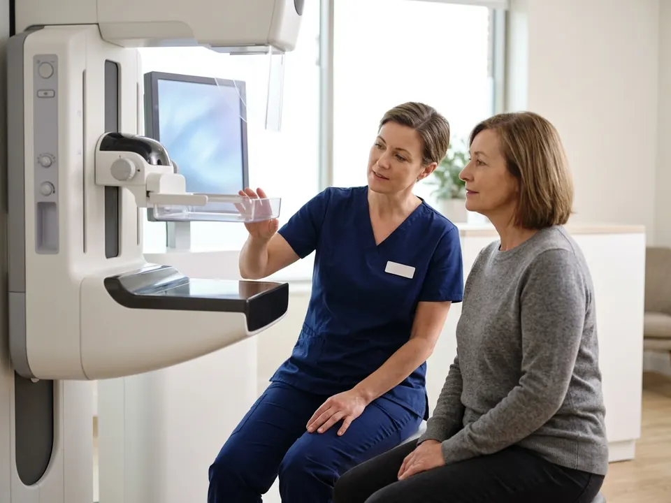 A radiologist explaining a digital mammography machine to a female patient.
