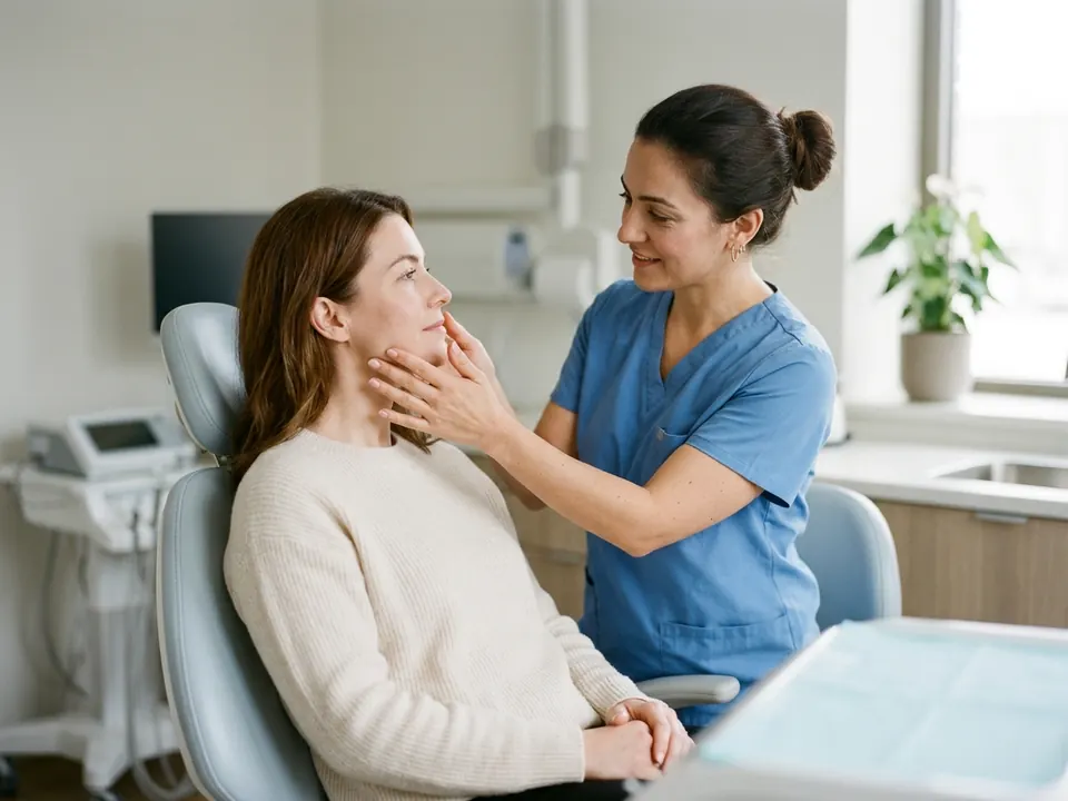 A maxillofacial surgeon examining a patient's jaw in a bright, modern dental suite.