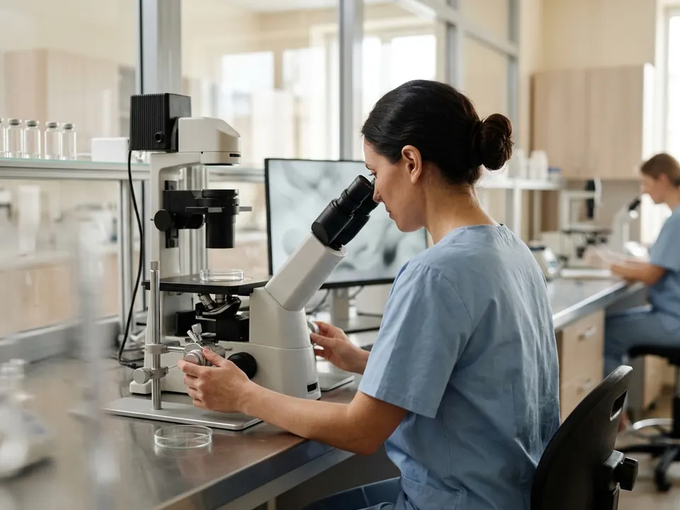 An embryologist performing genetic testing steps under a high-power microscope.