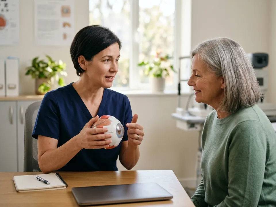 An ophthalmologist holding an eye anatomy model while consulting with a patient.