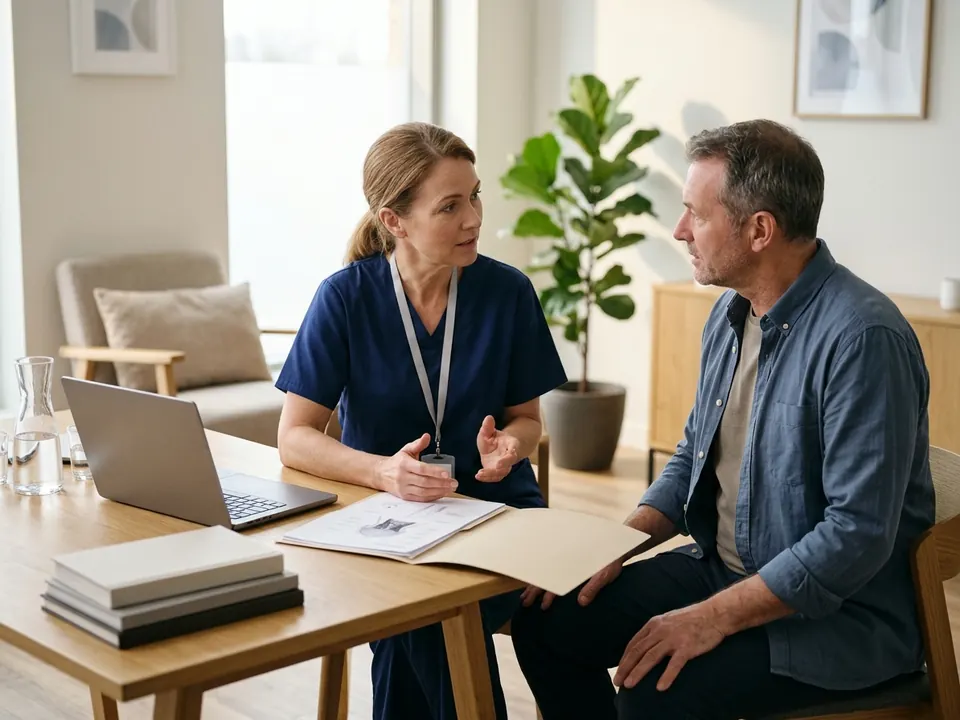 A surgeon explaining recovery procedures to a male patient in a clinic office.