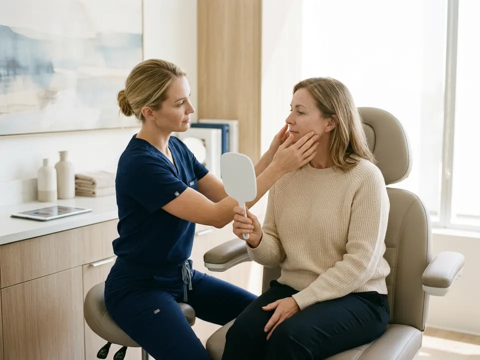 An aesthetic practitioner examining a patient's facial skin under soft clinic lighting.