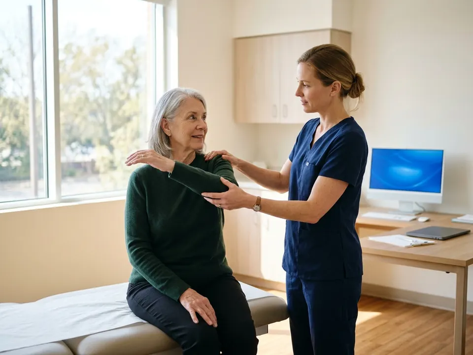 An orthopedic surgeon examining a patient's shoulder joint during a consultation.