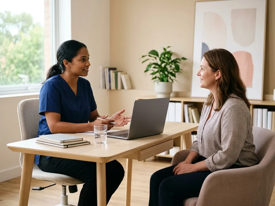 A bariatric doctor consulting with a patient in a bright, modern clinic.