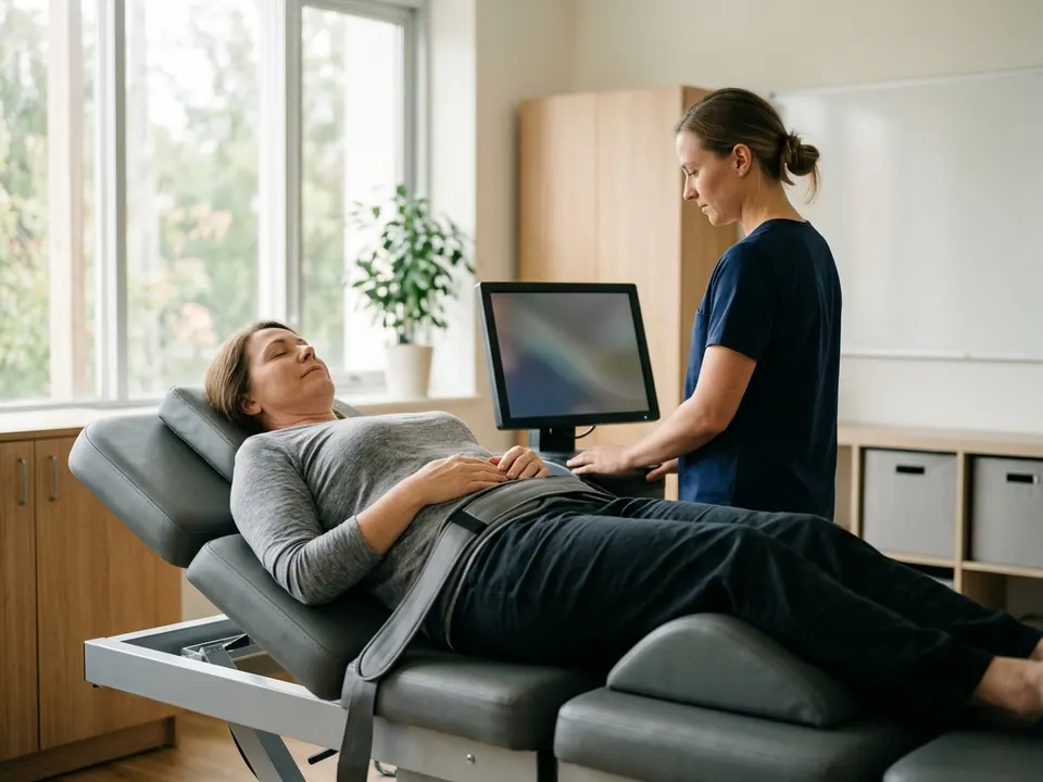 A patient relaxing on a modern motorized spinal decompression table during treatment.