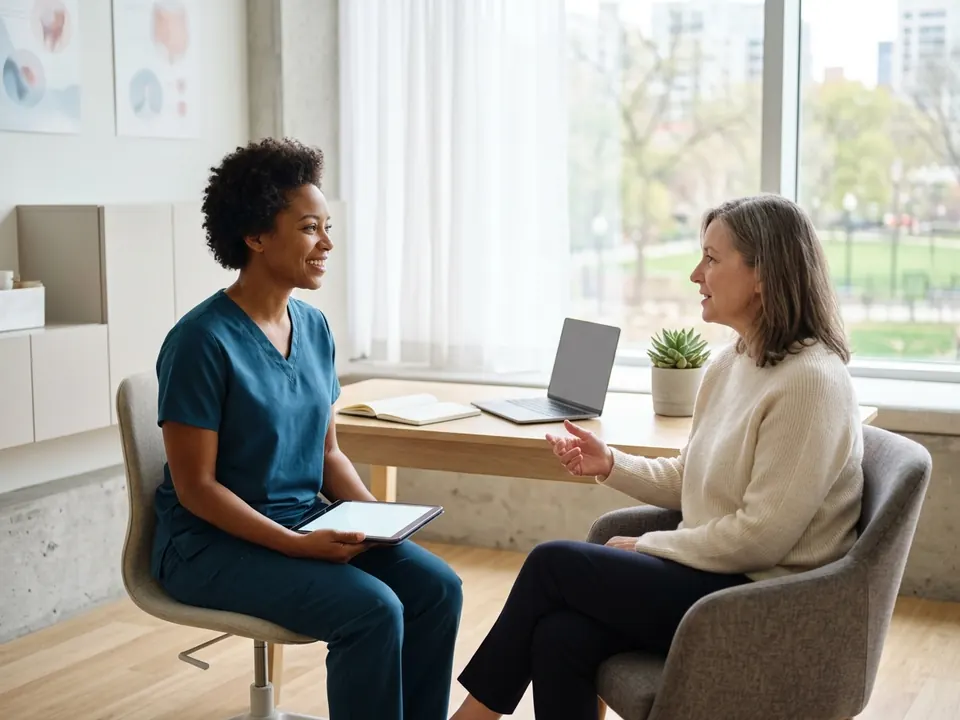 A clinician speaking with a patient inside a modern cellular therapy suite.