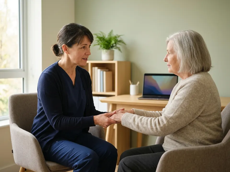 A neurologist checking a patient's hand tremors and movement during a neurological evaluation.