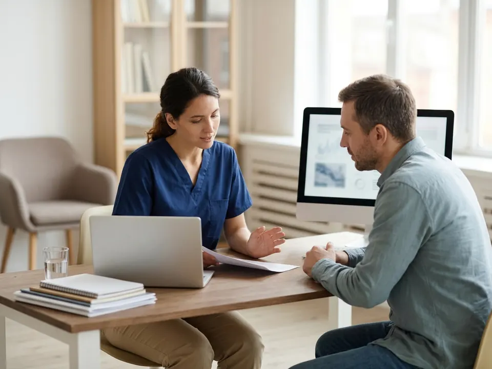 A hematologist providing advice to an adult patient during a medical consultation.
