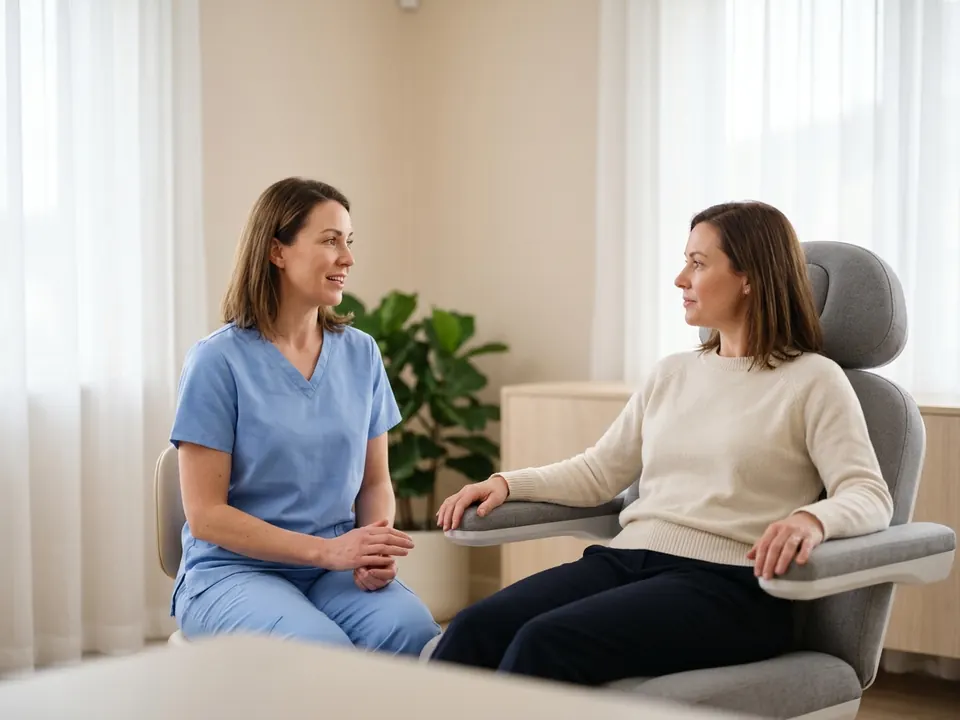 A cosmetic specialist holding a consultation with a patient in a bright, modern aesthetic clinic.
