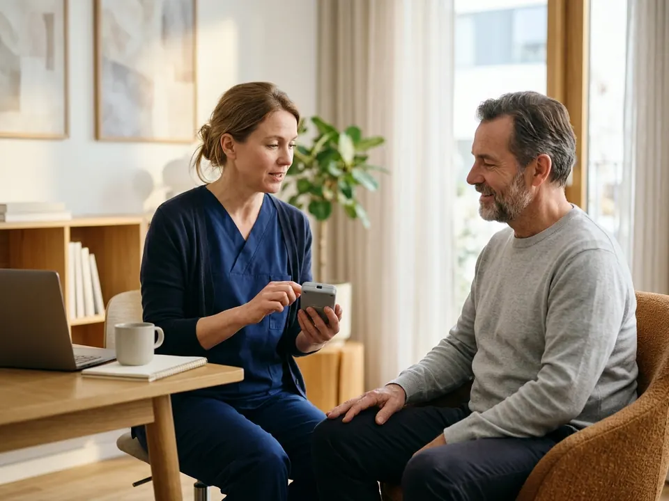 A neurologist holding a handheld medical device during a patient consultation.