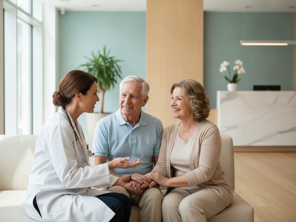 A doctor talking with an elderly couple