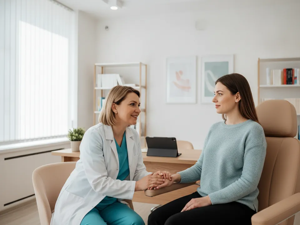 A gynecologist talking with a patient in a consultation room