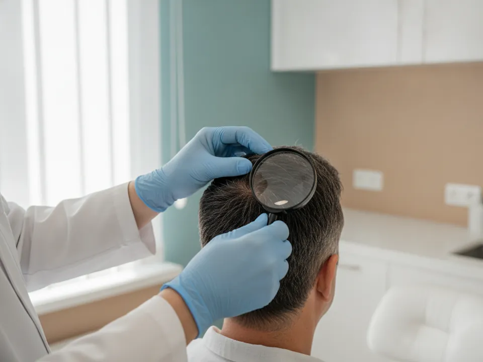 A doctor examining a patient's hairline