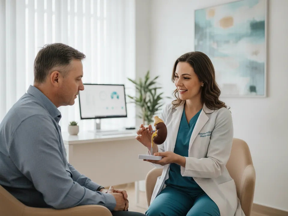A nephrologist explaining kidney health to a patient