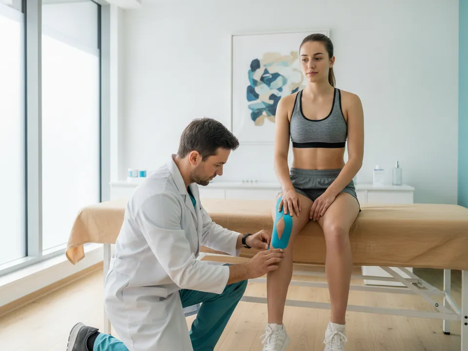 A sports medicine doctor taping an athlete's knee
